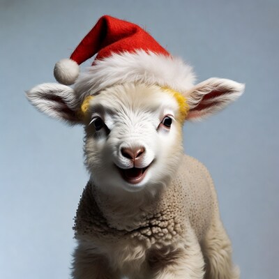 Lamb wearing Santa hat