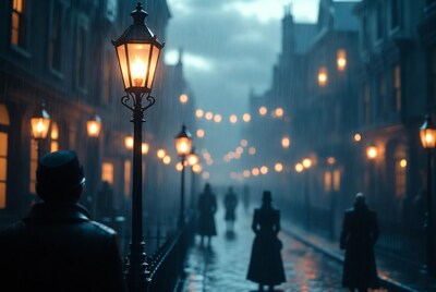 Victorian Street Rain with Gas Lamps