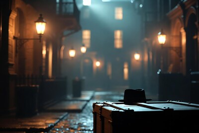 Hat on Suitcase in Foggy Alley