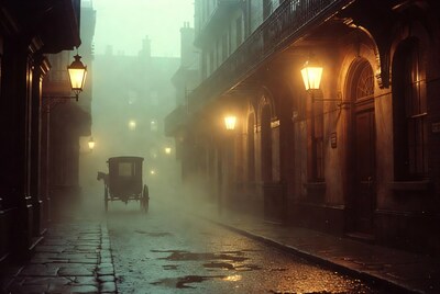 Horse-drawn carriage in foggy street