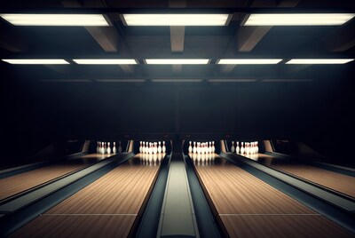 Bowling alley with pins under lights