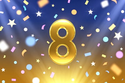 Golden 8 with confetti and stars