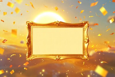 Golden Frame with Confetti and Sunset