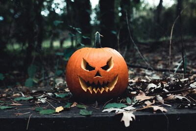 Jack-o-lantern in dark forest
