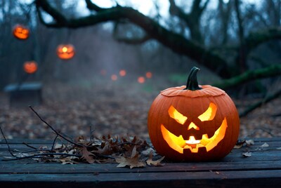 Jack-o-lantern on table in foggy forest