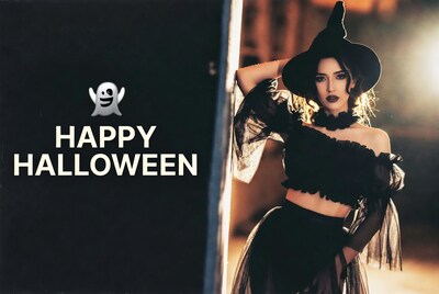 Woman in Witch Costume Happy Halloween
