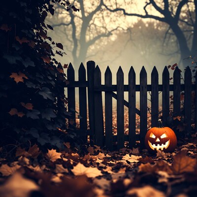 Jack-o-lantern by haunted fence