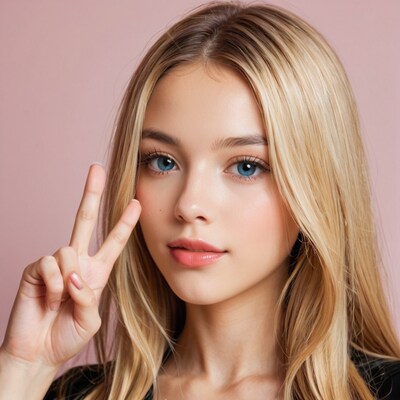 Blonde woman making peace sign