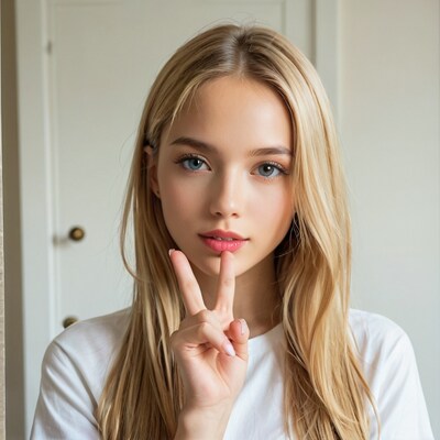 Blonde woman shushing with peace sign