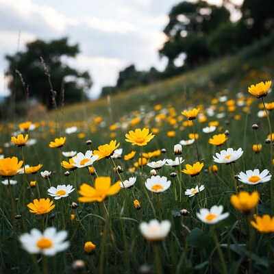 Yellow and white daisies on grassy hill