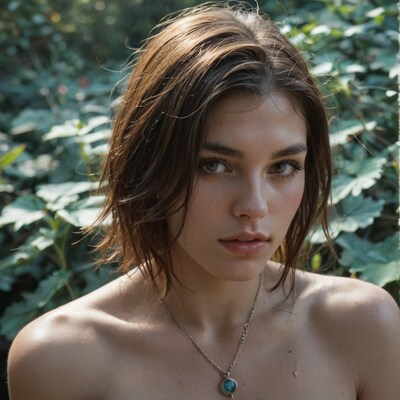 Topless woman with necklace in greenery