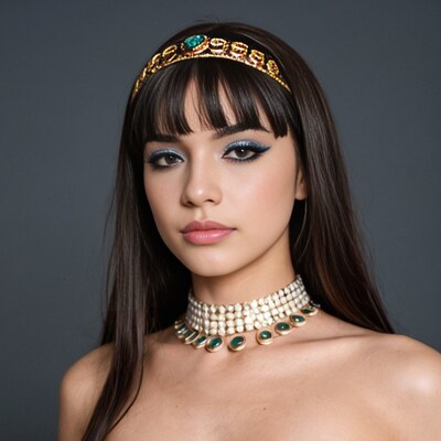 Woman with gold headdress and pearl necklace