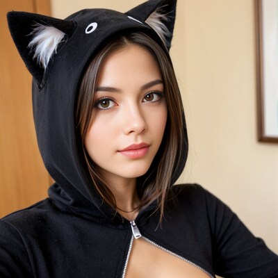 Asian woman in black cat hoodie