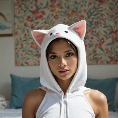 Asian woman in white cat hoodie