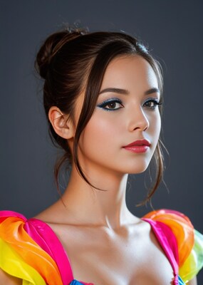 Asian woman with colorful ruffled shoulders