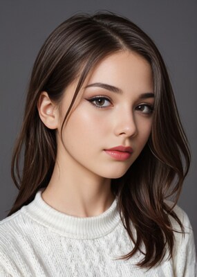 Young woman with brown hair in white sweater