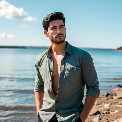 Handsome man by lake in open shirt