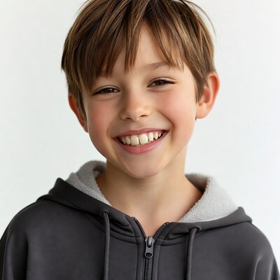 Boy smiling in gray hoodie