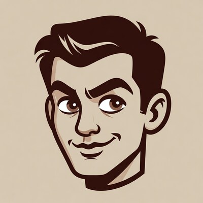 Cartoon man smiling with arched eyebrows