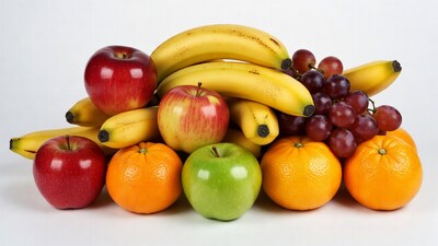 Fresh fruit pile on white background