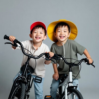 Asian boys smiling on bicycles