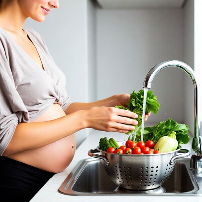 Pregnant woman washing vegetables