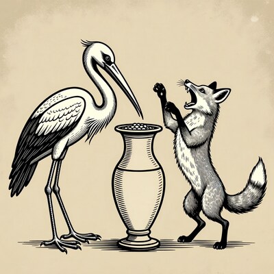 Stork and Fox at Vase