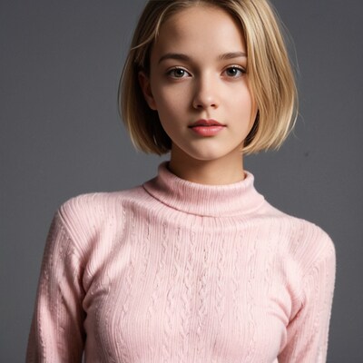 Blonde girl in pink turtleneck sweater