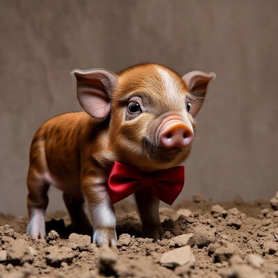 Piglet wearing red bowtie