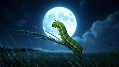 Green caterpillar on grass under full moon