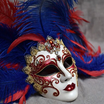 Red Blue Feathered Venetian Mask