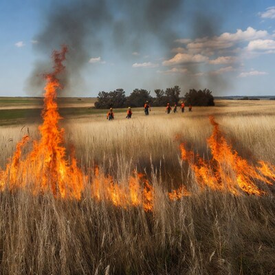 Firefighters controlling grass fire in field