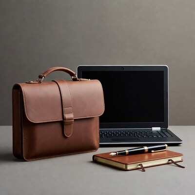 Brown leather briefcase with laptop