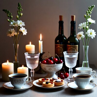 Elegant Table with Wine Tea Candles Cherries