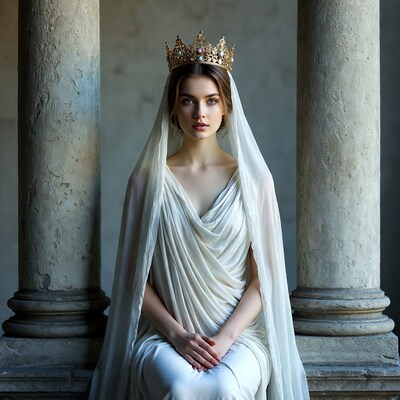 Woman in white gown with crown between columns
