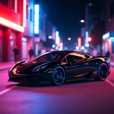 Black Lamborghini in neon-lit night street