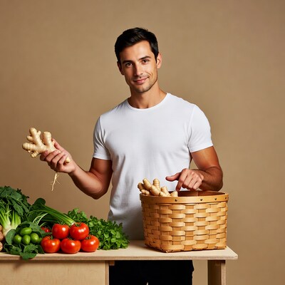 Man holding ginger with vegetables