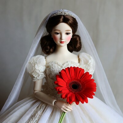 BJD doll bride holding red gerbera