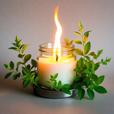 Lit Candle with Mint Leaves