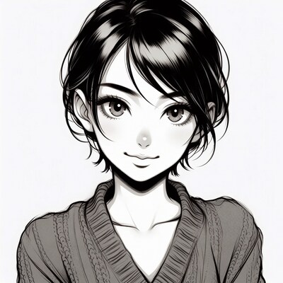 Anime girl with short black hair smiling