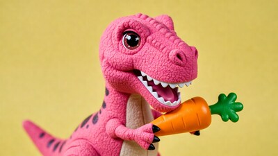 Pink T-Rex holding carrot