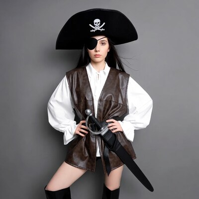 Asian woman in pirate costume with sword