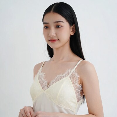 Asian woman in lace slip dress