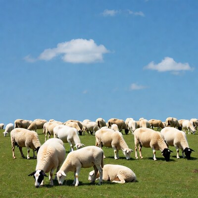 Herd of sheep grazing on green grass