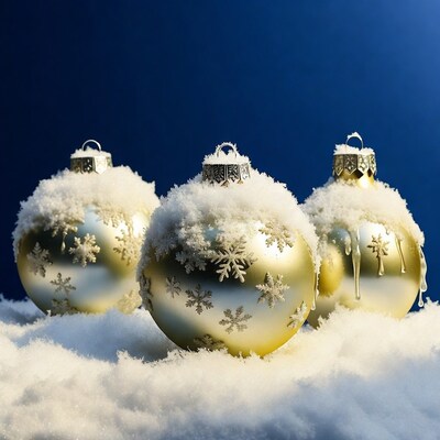 Snowy Gold Christmas Ornaments on Snow