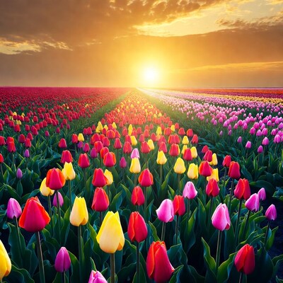 Colorful Tulip Field at Sunset