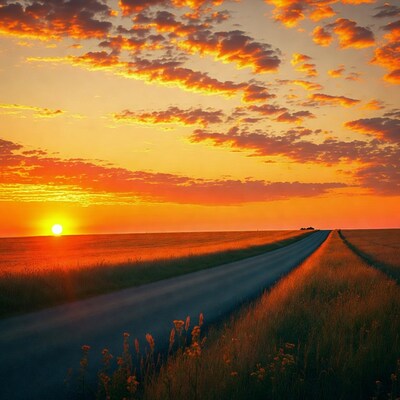 Sunset over wheat field road