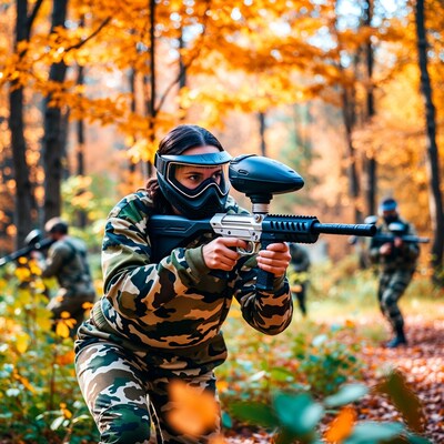 Woman aiming paintball gun in autumn forest