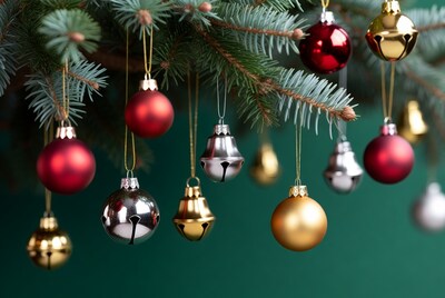 Christmas ornaments on fir tree