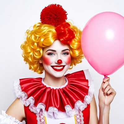 Clown woman holding pink balloon